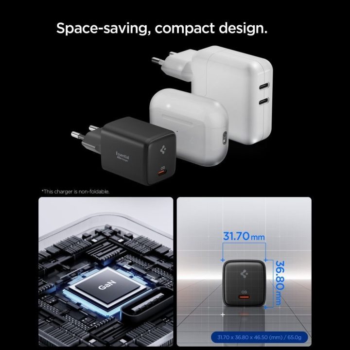 Spigen Essential 45W USB‑C sieninis įkroviklis, juodas