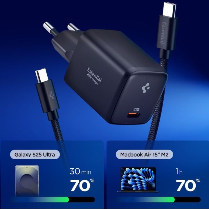 Spigen Essential 45W USB‑C sieninis įkroviklis, juodas