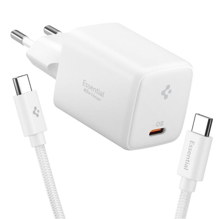 USB‑C 45W sieninis įkroviklis Spigen Essential baltas
