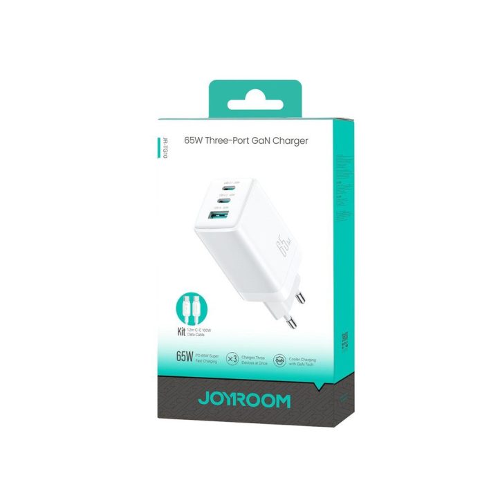 Joyroom JR‑TG10 sieninis įkroviklis 65W (USB‑C x2 + USB‑A) baltas