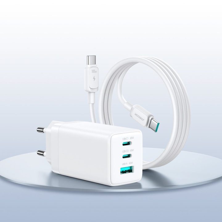 Joyroom JR‑TG10 sieninis įkroviklis 65W (USB‑C x2 + USB‑A) baltas