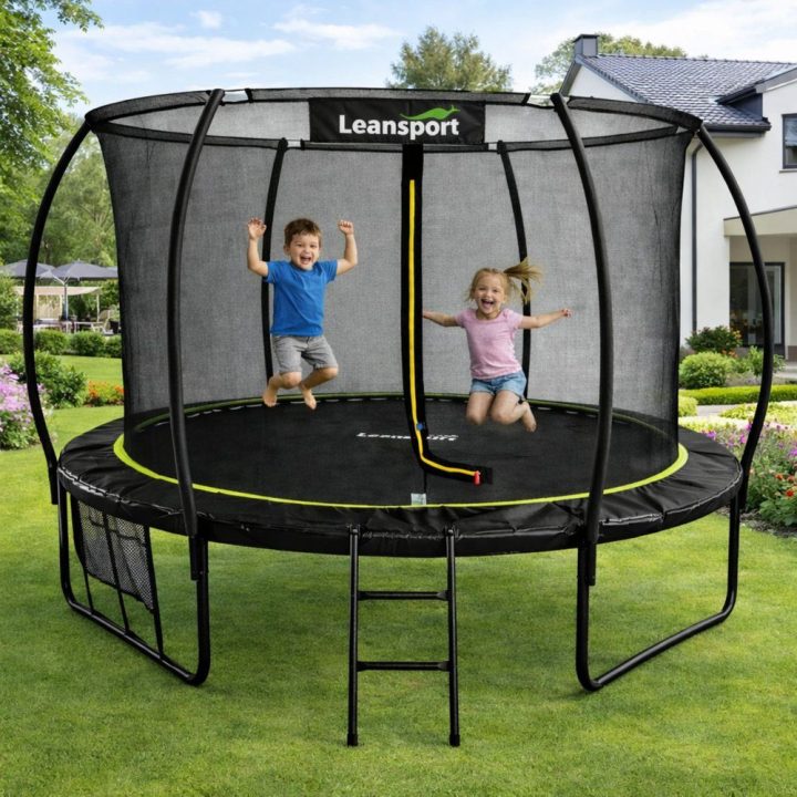 Trampolinas juodas ir žalias su saugos tinkleliu LEAN, 305 cm