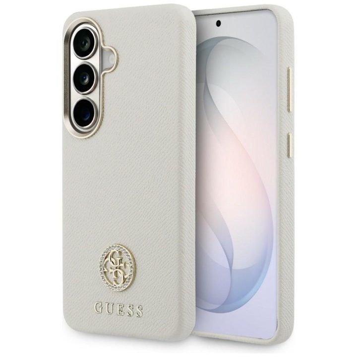 Samsung Galaxy S26 Plus dėklas Guess 4G Rhinestone Round Logo smėlinės spalvos