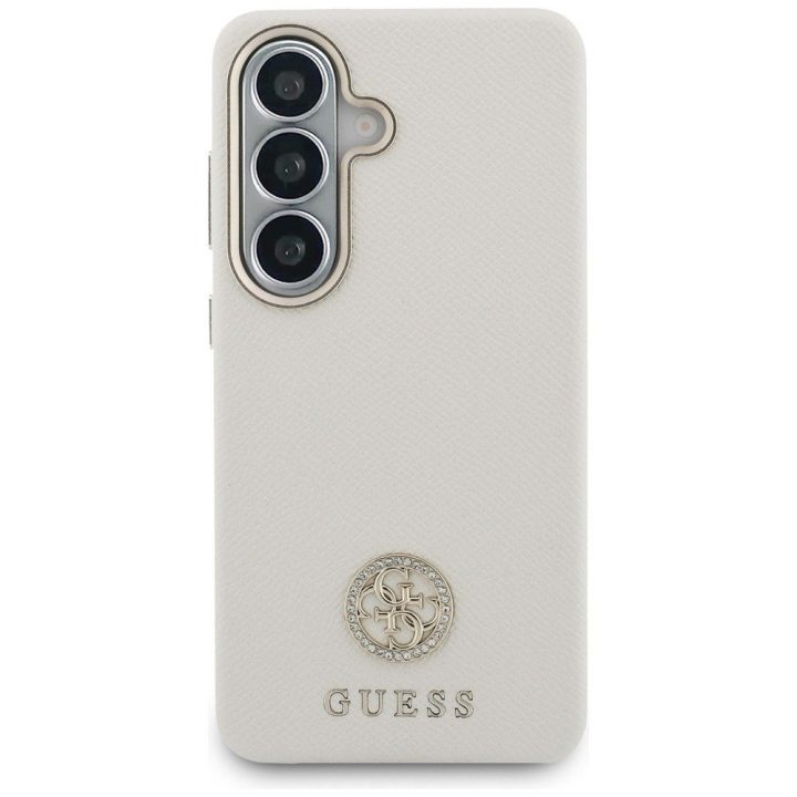 Samsung Galaxy S26 Plus dėklas Guess 4G Rhinestone Round Logo smėlinės spalvos