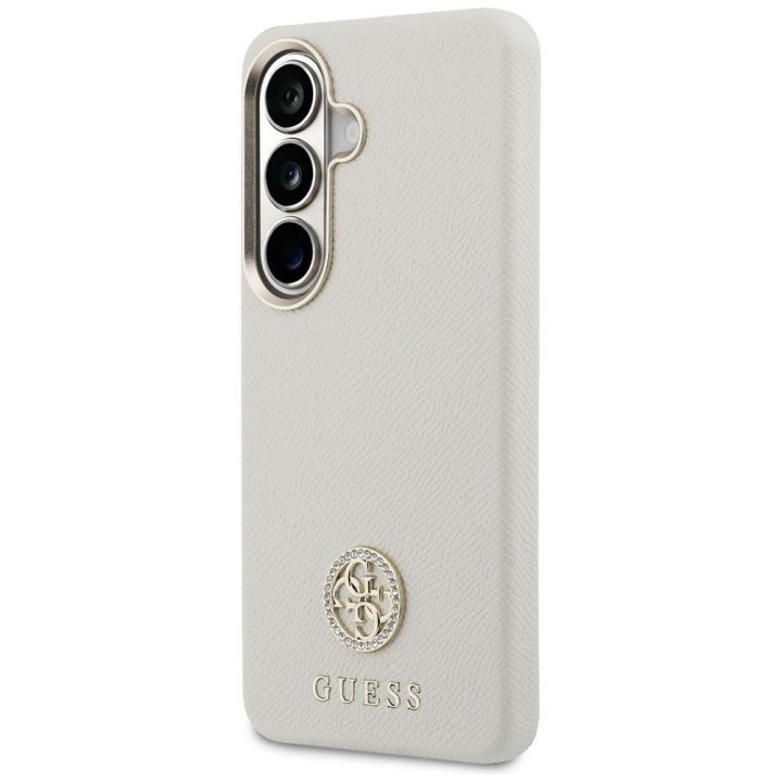 Samsung Galaxy S26 Plus dėklas Guess 4G Rhinestone Round Logo smėlinės spalvos