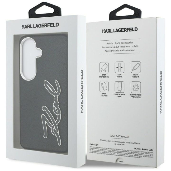 Samsung Galaxy S26 dėklas Karl Lagerfeld Grained Signature Metal Resin Logo juodas