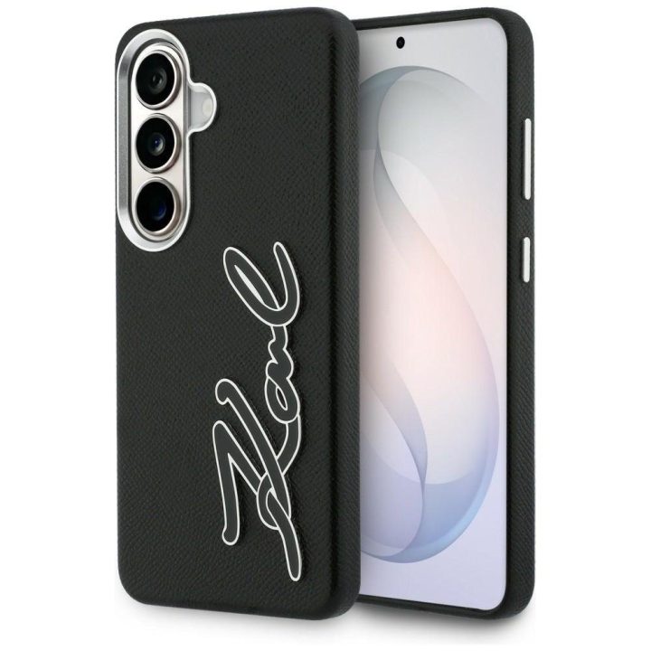 Samsung Galaxy S26 dėklas Karl Lagerfeld Grained Signature Metal Resin Logo juodas