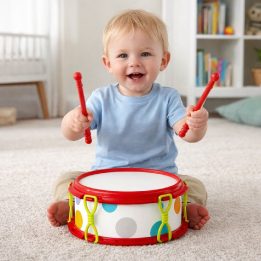 Vaikiškas muzikos instrumentų rinkinys (6 vnt.) – būgnas, barškutės, tamburinas, kastanetės