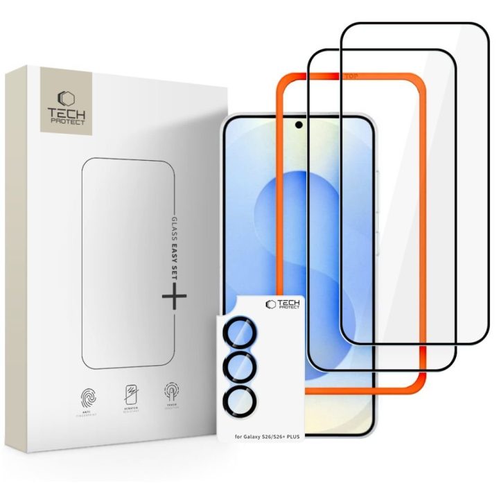 Apsauginis grūdintas stiklas Tech‑Protect Easy Set+ 3 vnt. — Samsung Galaxy S26, juodas