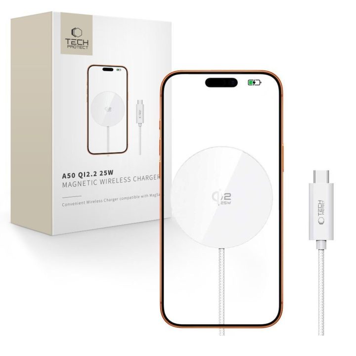 MagSafe belaidis kroviklis Tech‑Protect A50, 25W (Qi2.2), baltas