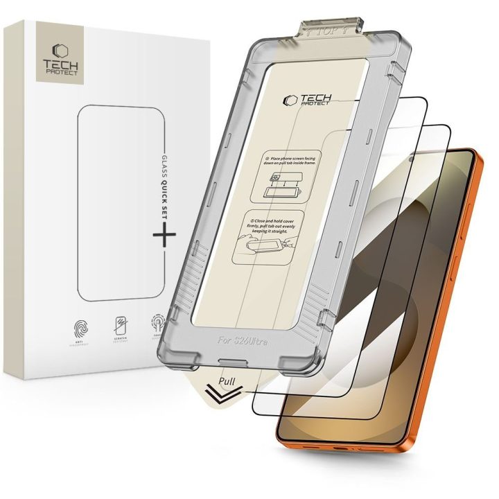 Apsauginis grūdintas stiklas Samsung Galaxy S26 Ultra, 2 vnt. — Tech‑Protect Quick Set+, juodas