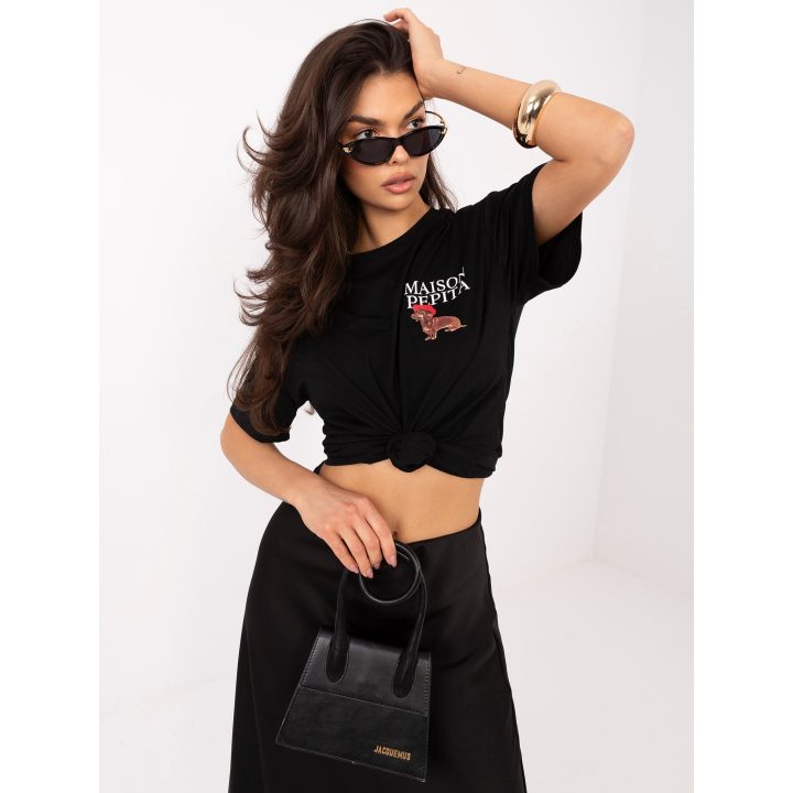 Moteriški marškinėliai su raštu, juodi