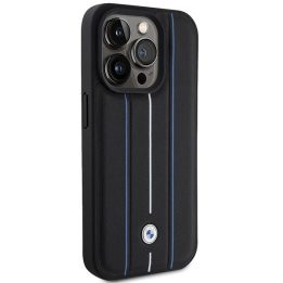 BMW Leather Stamp Blue Line dėklas iPhone 15 Pro Max, juodas