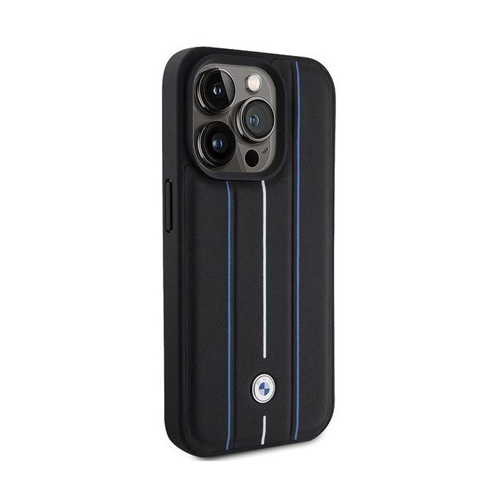BMW Leather Stamp Blue Line dėklas iPhone 15 Pro Max, juodas