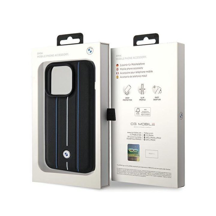 BMW Leather Stamp Blue Line dėklas iPhone 15 Pro Max, juodas