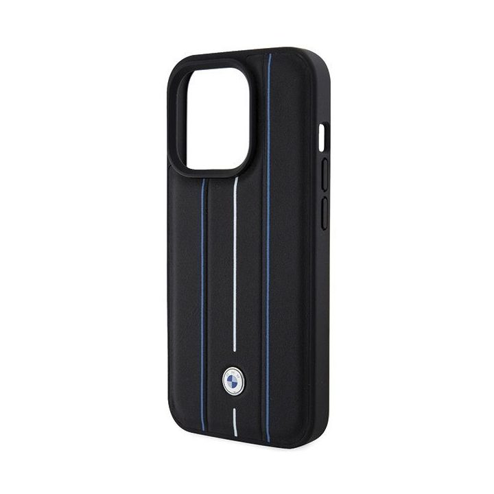 BMW Leather Stamp Blue Line dėklas iPhone 15 Pro Max, juodas