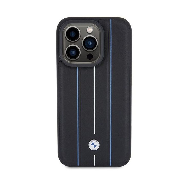 BMW Leather Stamp Blue Line dėklas iPhone 15 Pro Max, juodas