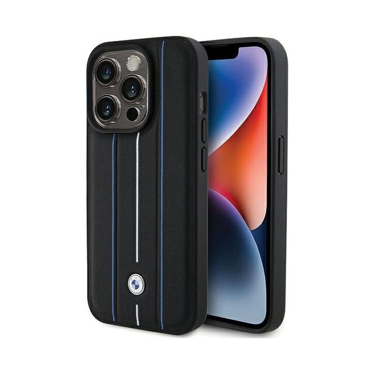 BMW Leather Stamp Blue Line dėklas iPhone 15 Pro Max, juodas