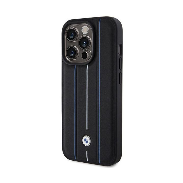 BMW Leather Stamp Blue Line dėklas iPhone 15 Pro Max, juodas