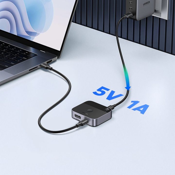 Ugreen KVM jungiklis DisplayPort/USB-C į USB-C, pilkas