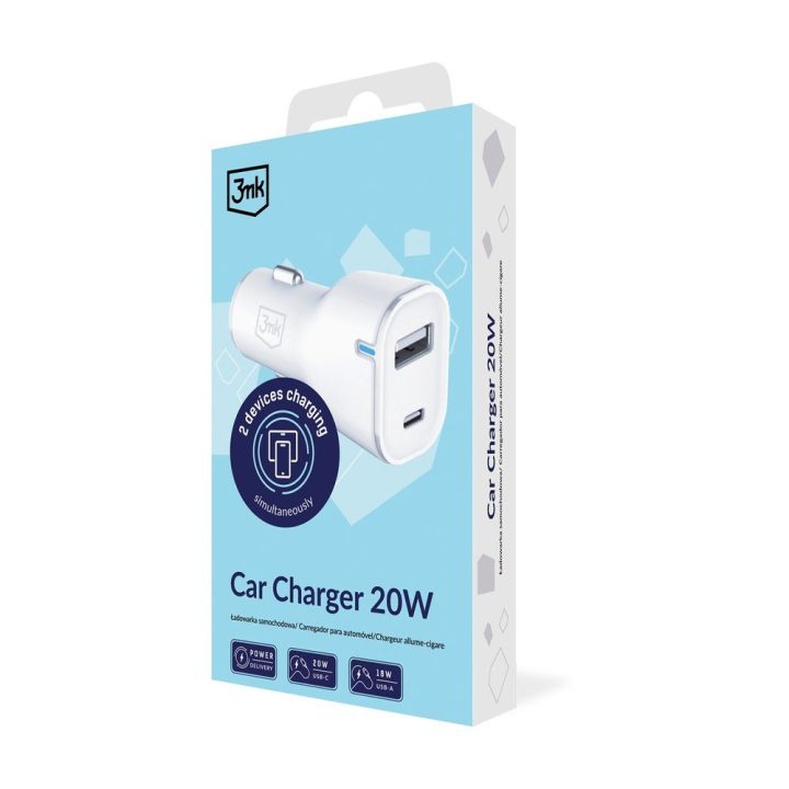 3mk automobilinis įkroviklis 20W PD3.0 QC 3.0 USB 1A1C, baltas