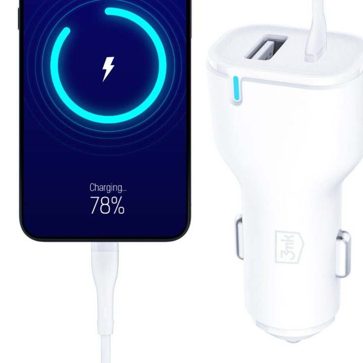 3mk automobilinis įkroviklis 20W PD3.0 QC 3.0 USB 1A1C, baltas