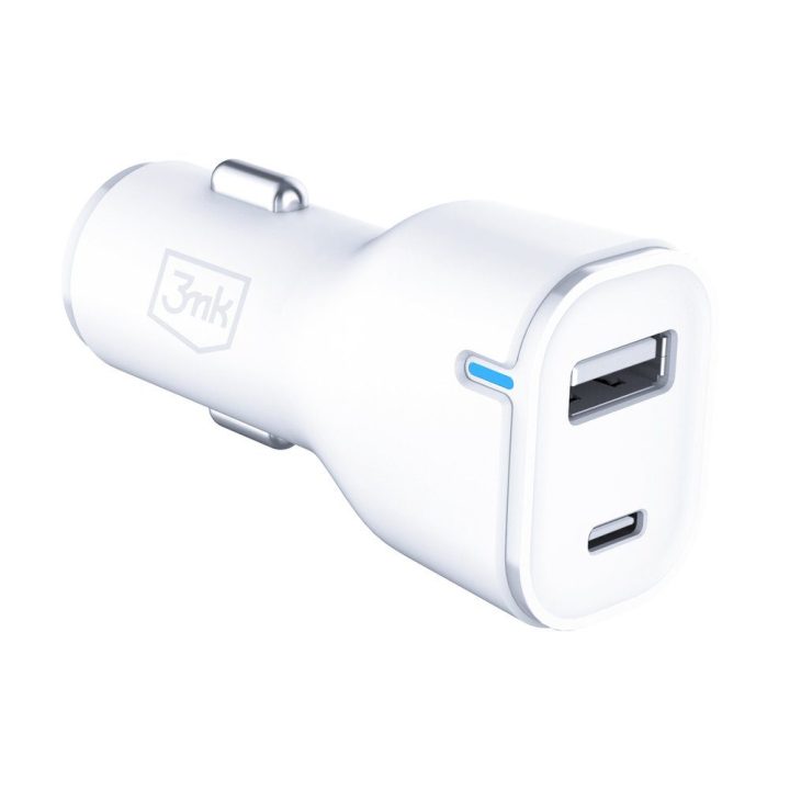 3mk automobilinis įkroviklis 20W PD3.0 QC 3.0 USB 1A1C, baltas