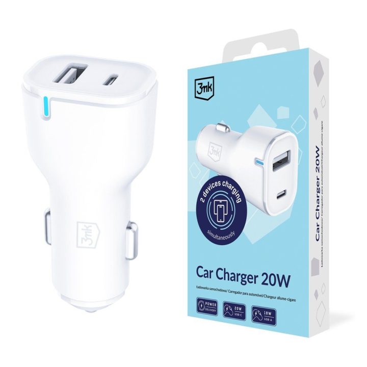 3mk automobilinis įkroviklis 20W PD3.0 QC 3.0 USB 1A1C, baltas