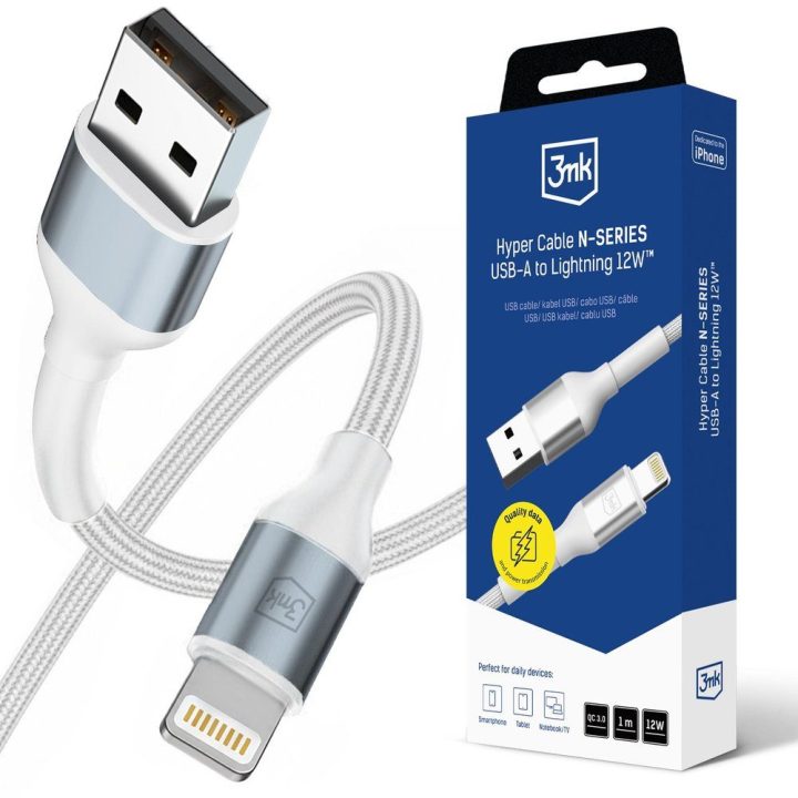 3mk Hyper Cable N-Series USB-A–Lightning kabelis 1 m, baltas