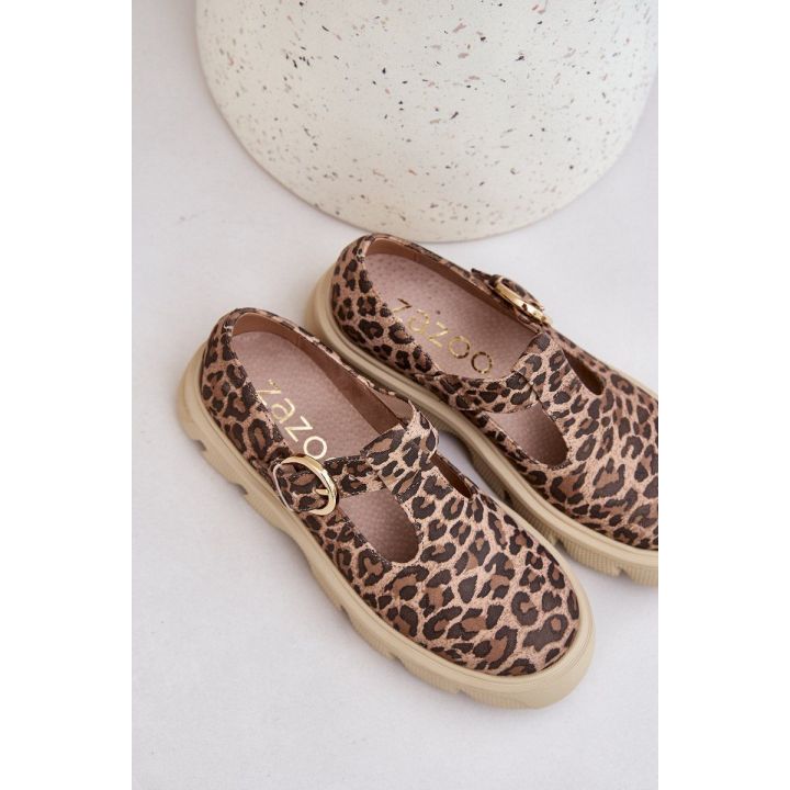 Rudos zomšinės loafer tipo šlepetės su sagtimi, leopardinis raštas Zazoo