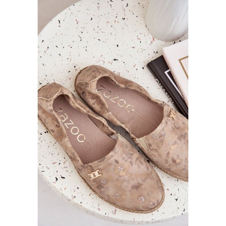 Elegantiškos moteriškos zomšinės espadrilės su gėlėmis, smėlio spalvos