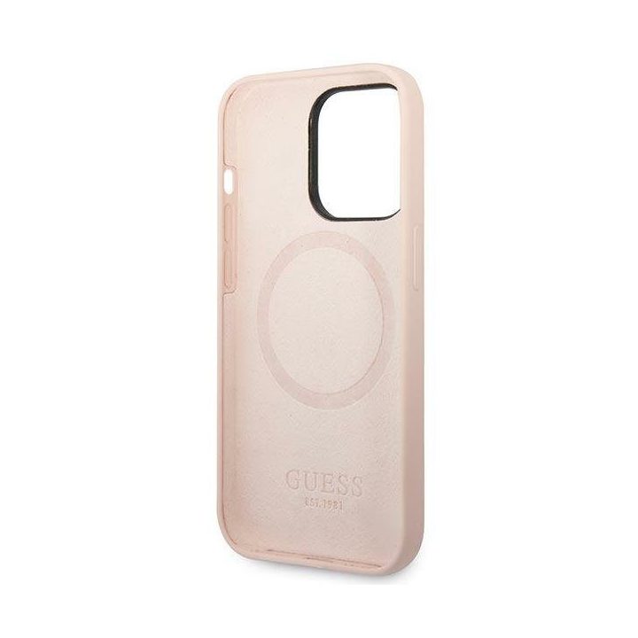 Guess silikoninis telefono dėklas MagSafe iPhone 14 Pro, rožinis