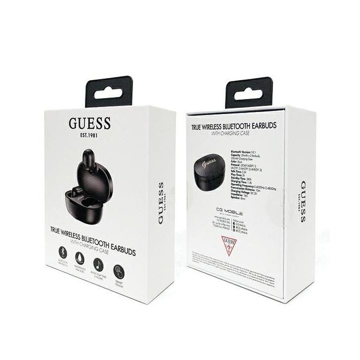 Guess belaidės Bluetooth TWS ausinės su įkrovimo stotele, juodos