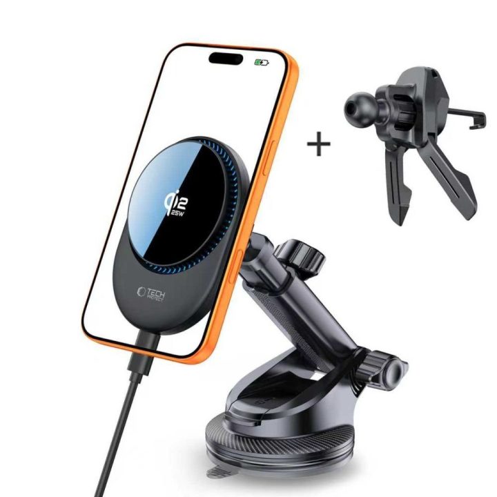 Automobilinis telefono laikiklis Tech-Protect V21 su Qi2.2 įkrovikliu, juodas