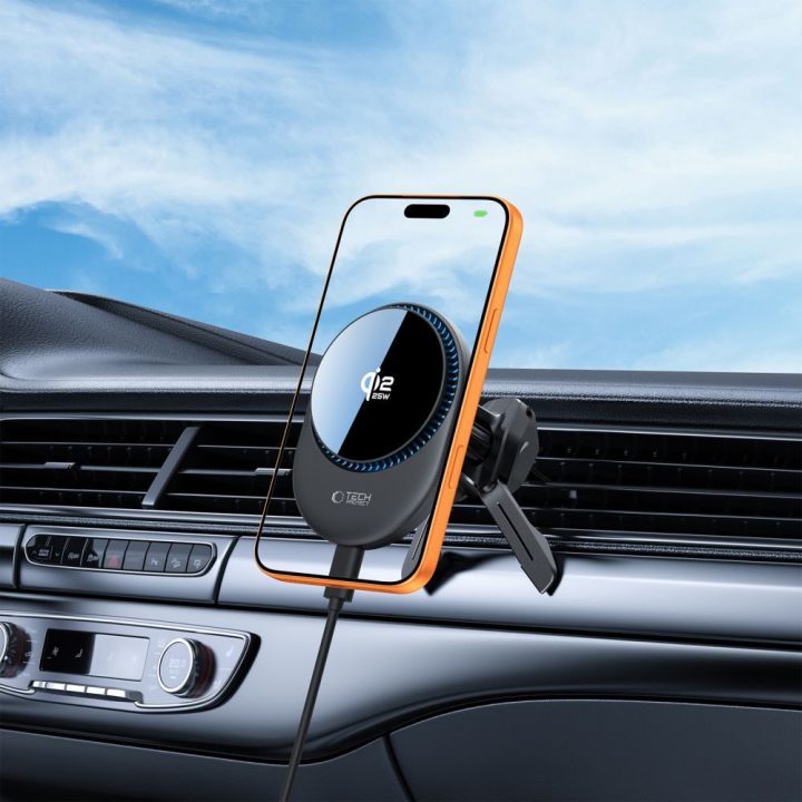 Automobilinis telefono laikiklis Tech-Protect V21 su Qi2.2 įkrovikliu, juodas