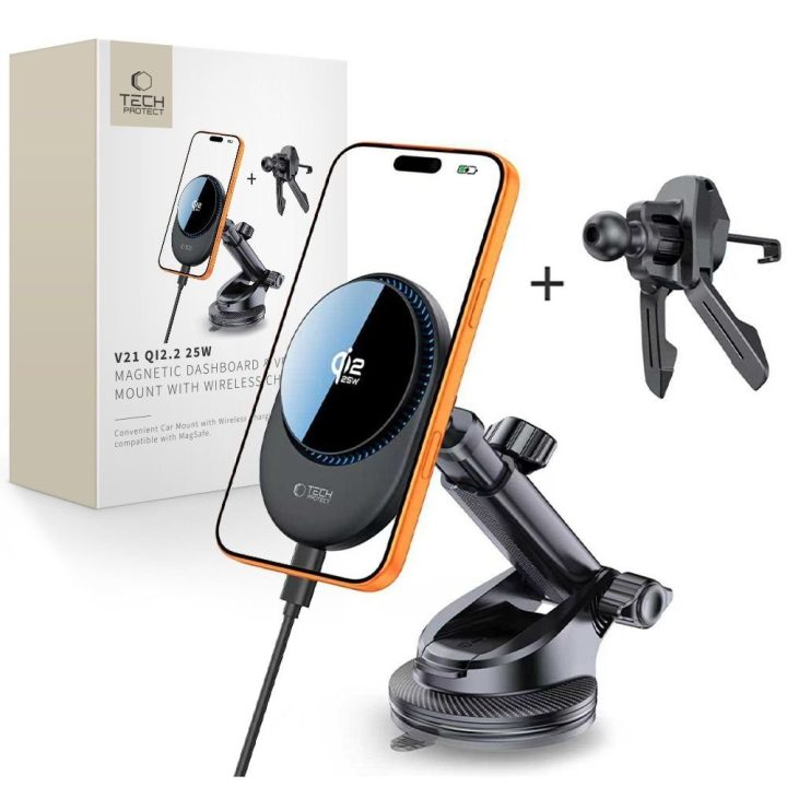 Automobilinis telefono laikiklis Tech-Protect V21 su Qi2.2 įkrovikliu, juodas