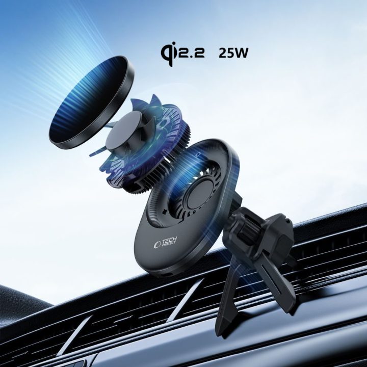 Automobilinis telefono laikiklis Tech-Protect V21 su Qi2.2 įkrovikliu, juodas