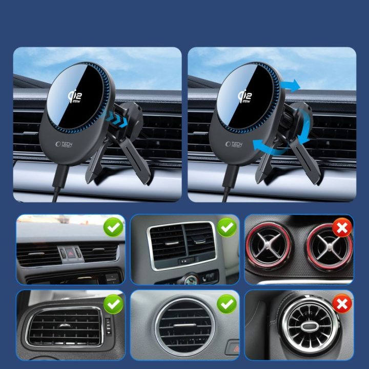 Automobilinis telefono laikiklis Tech-Protect V21 su Qi2.2 įkrovikliu, juodas