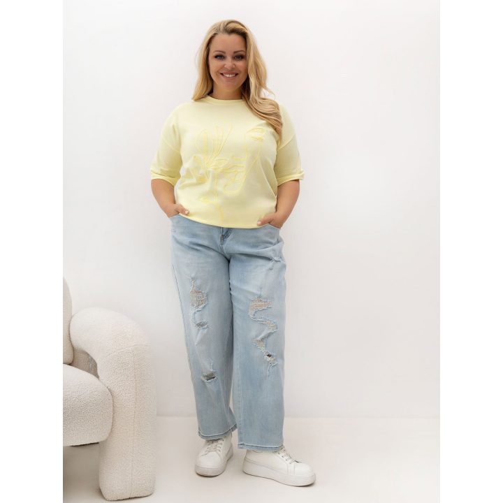 Šviesiai geltoni moteriški plus size marškinėliai