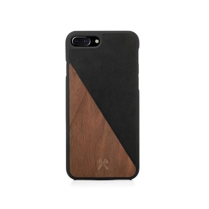 Medinis ir odinis dėklas iPhone 7+ / 8+ – riešutmedžio ir juodos spalvos