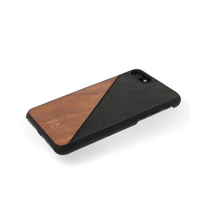 Medinis ir odinis dėklas iPhone 7+ / 8+ – riešutmedžio ir juodos spalvos