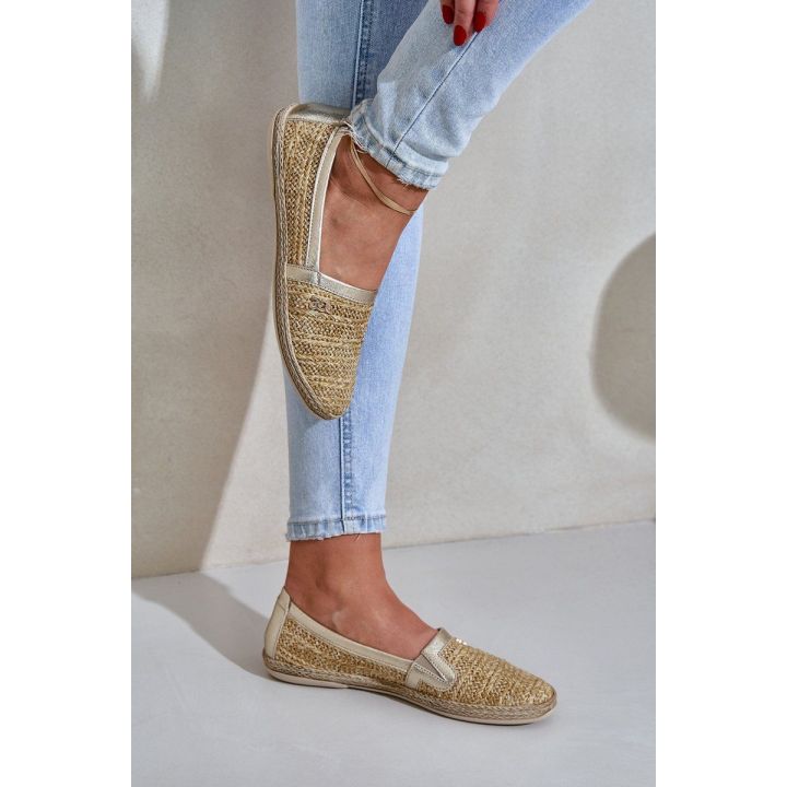 Elegantiškos odinės espadrilės su pynimu smėlio-aukso spalvos