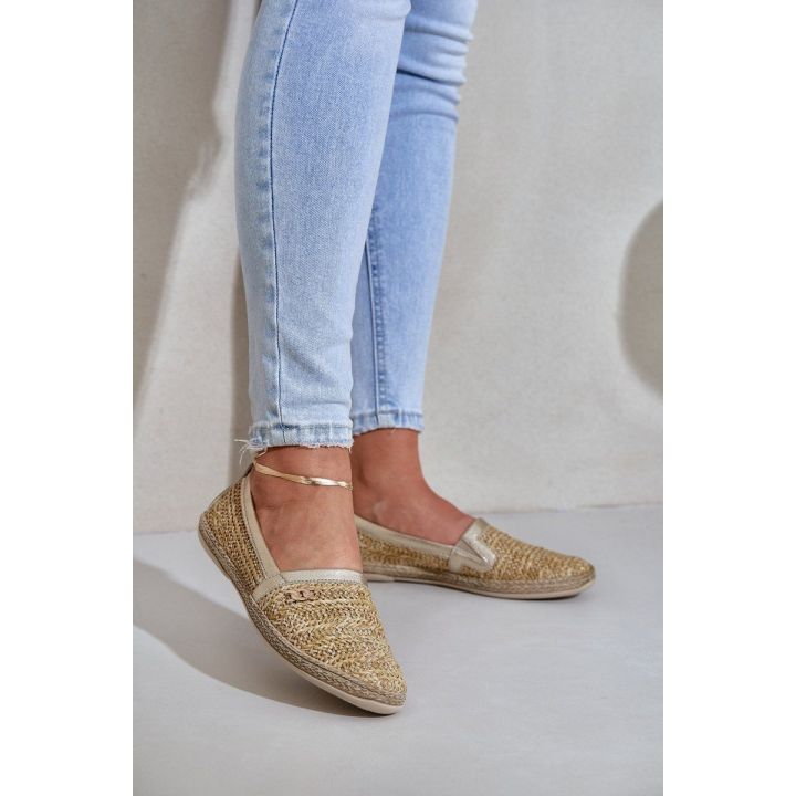 Elegantiškos odinės espadrilės su pynimu smėlio-aukso spalvos