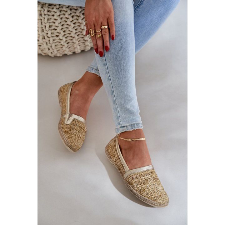 Elegantiškos odinės espadrilės su pynimu smėlio-aukso spalvos