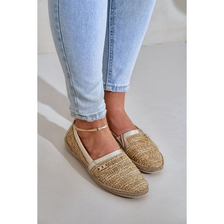 Elegantiškos odinės espadrilės su pynimu smėlio-aukso spalvos
