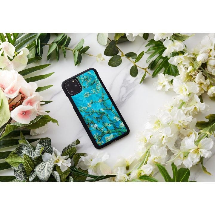 Telefono dėklas iPhone 11 Pro Max, juodas su migdolo žiedų raštu