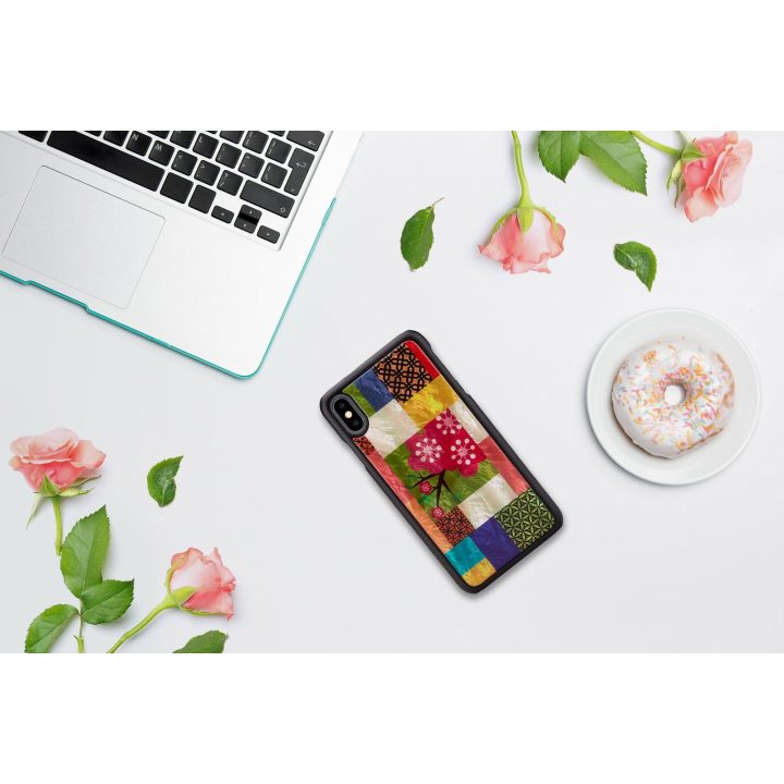 Telefono dėklas iPhone XS Max, juodas su vyšnių žiedų raštu