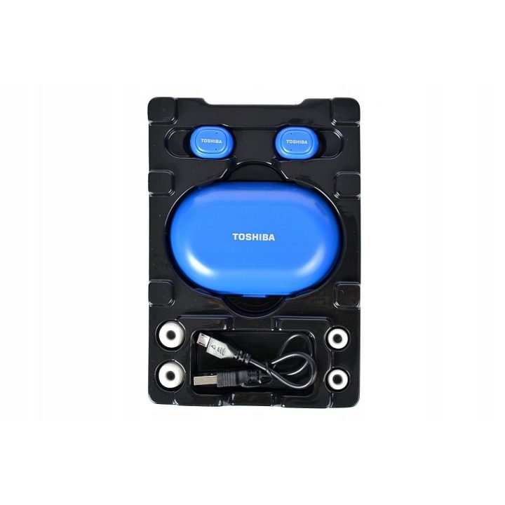 Mėlynos Bluetooth ausinės su įkrovimo stotele Toshiba RZE-BT900E