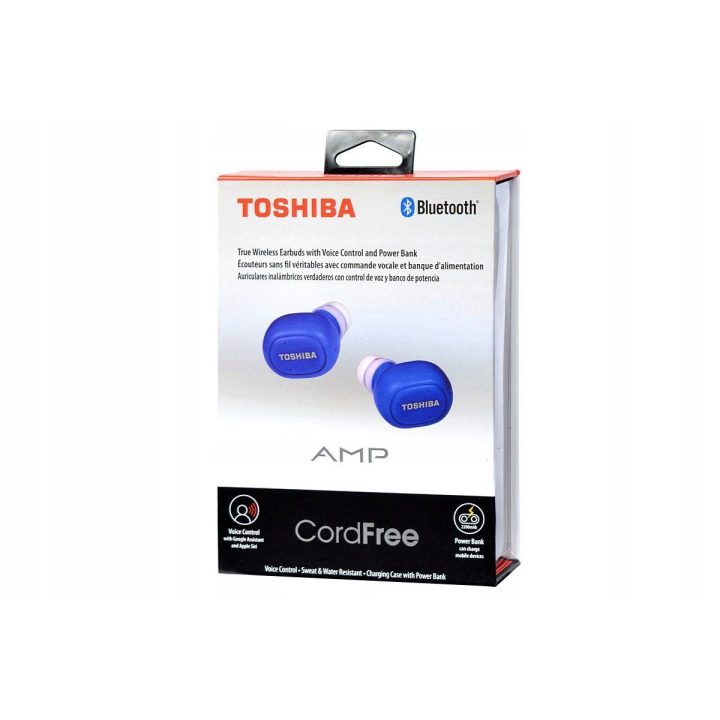 Mėlynos Bluetooth ausinės su įkrovimo stotele Toshiba RZE-BT900E