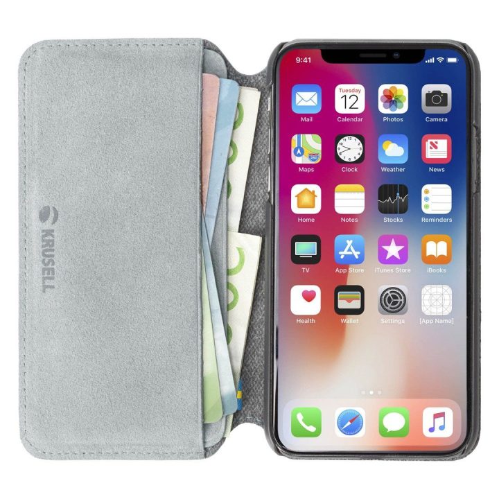 Pilkas „Folio“ telefono dėklas Krusell Broby iPhone Xs Max, 4 kortelėms